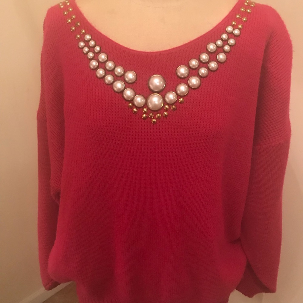 Hot pink/magenta sweater w/ white and gold beads